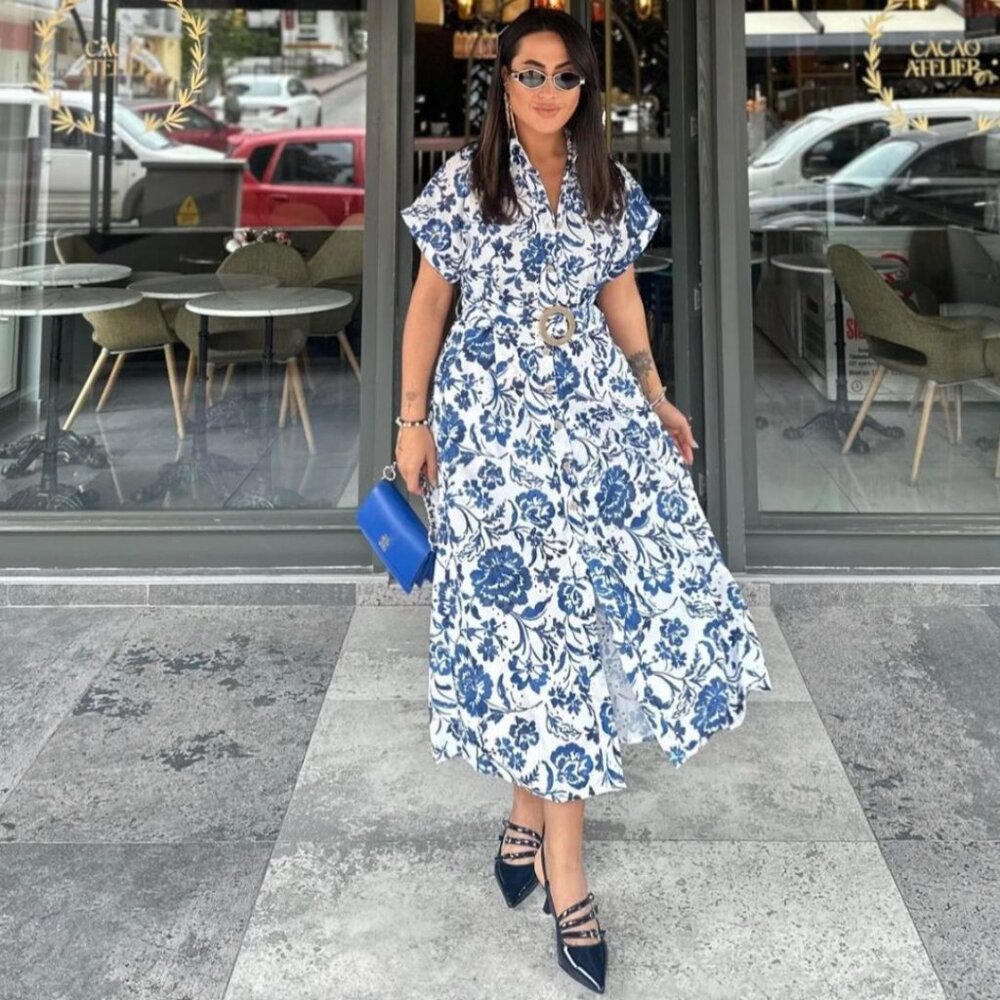 Zara WOMENS PRINTED MIDI DRESS OPENWORK EMBROIDERY  blue white 2901/722 NWT